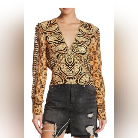 Free People Tops - Free People Bohemian V-Neck Blouse in Black and Tan